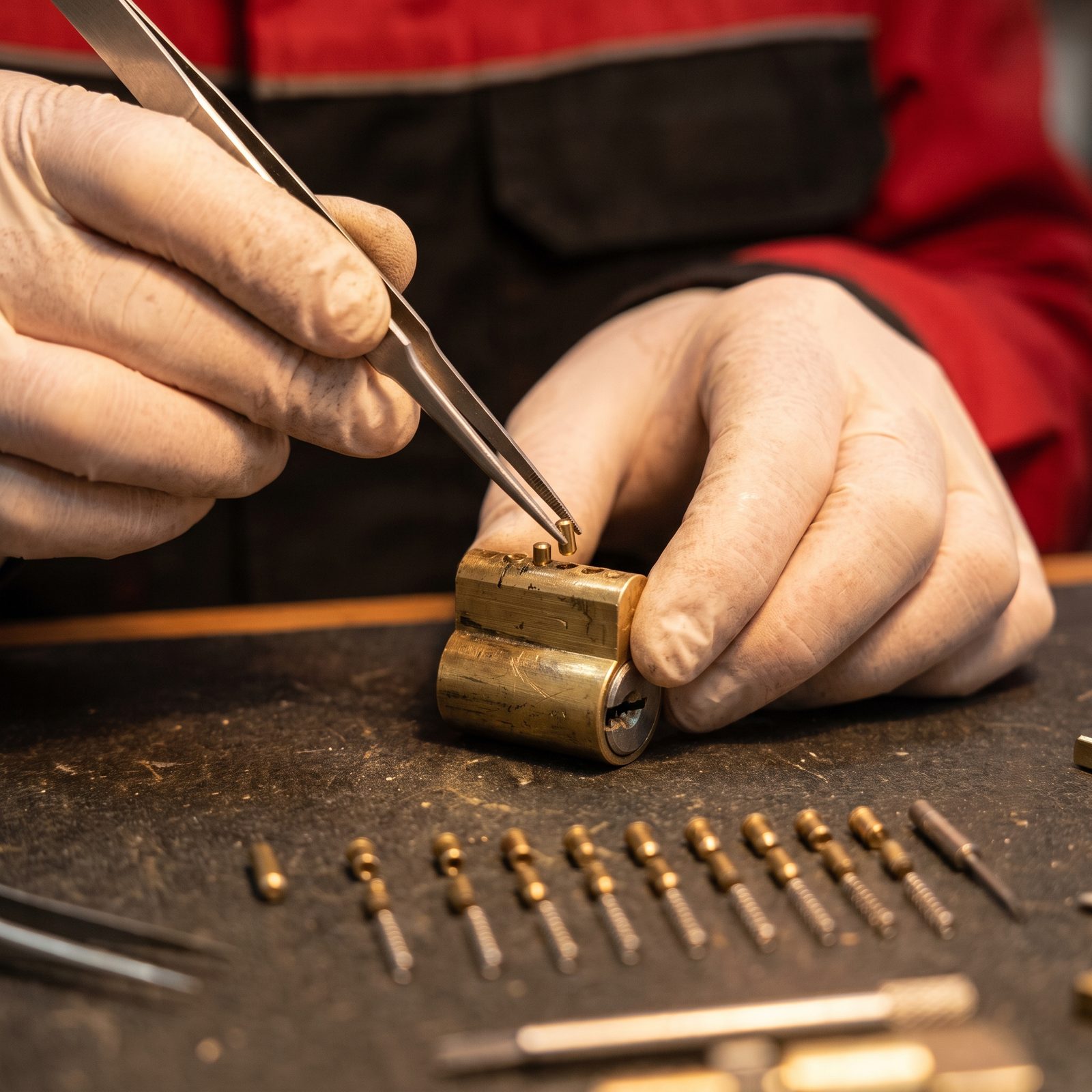 Locksmith rekeying a residential deadbolt cylinder