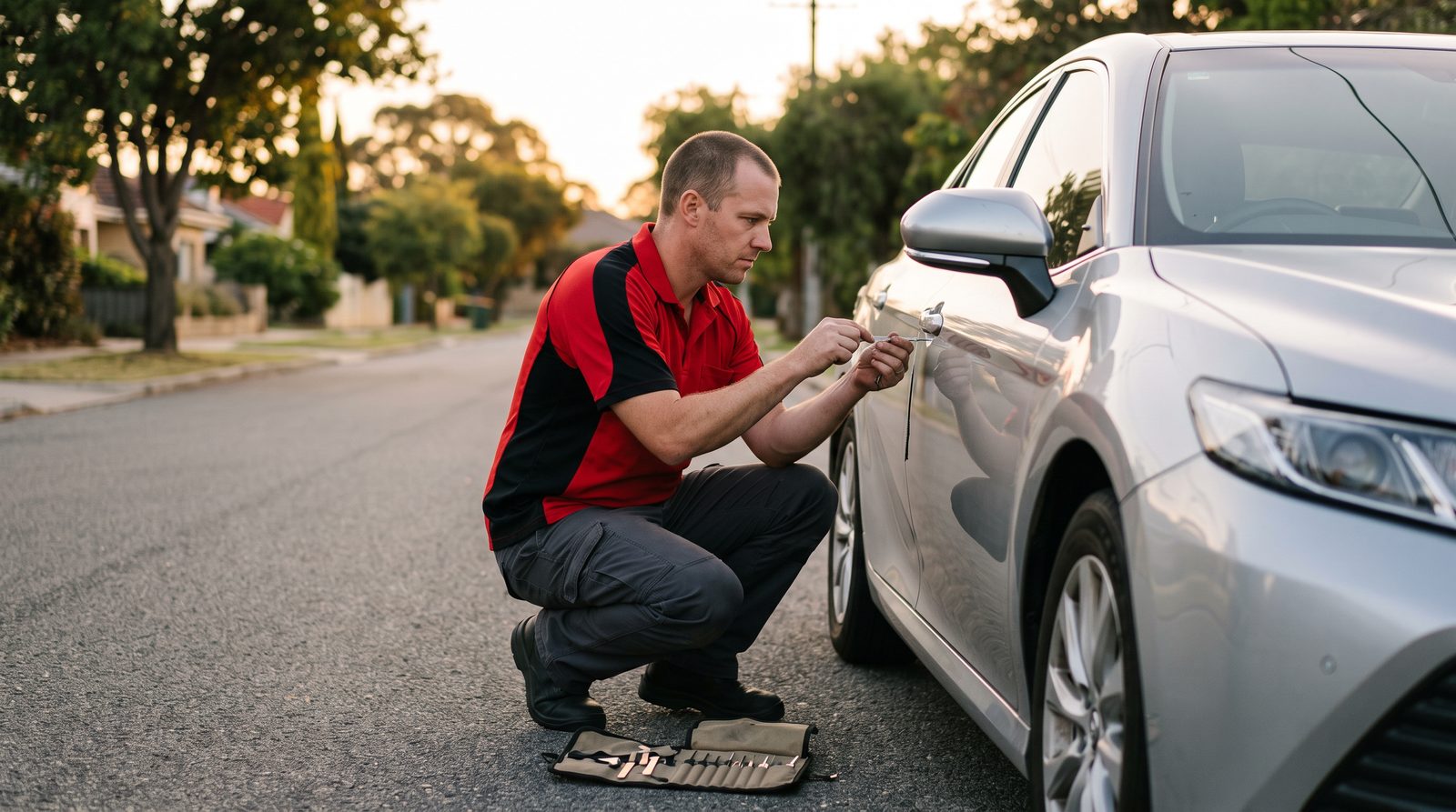 Elite Quick Techs locksmith in a red and black uniform shirt opening a car door